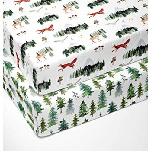 Crib Sheets Neutral - Fitted Baby Crib Sheets Bed for Girl Boy - 2 Pack Standard & Toddler Mattress (Woodland Forest Animals) - Buttery Soft Organic Cotton Blend