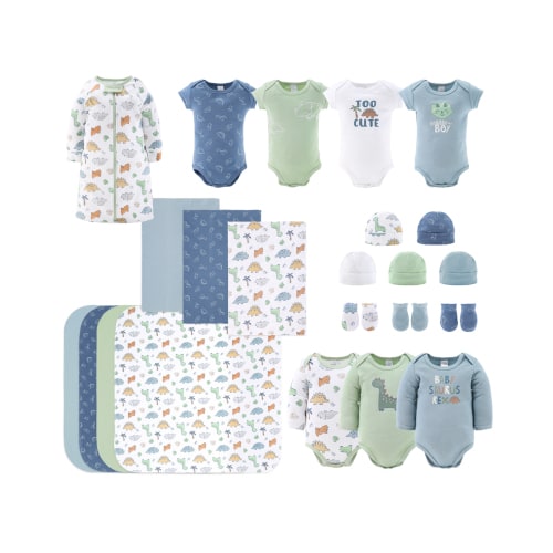 The Peanutshell Newborn Baby Layette Gift Set for Baby Boys or Baby Girls, Shower Gift Essentials, Dino