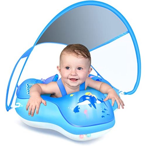 LAYCOL Baby Swimming Float Inflatable Baby Pool Float Ring Newest with Sun Protection Canopy,add Tail no flip Over for Age of 3-36 Months