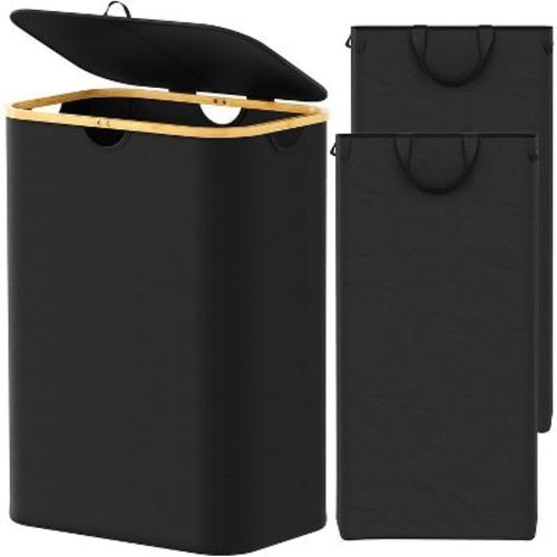 Laundry Hamper 2-compartment with 2 Removable Bags, 160L Collapsible Basket with Lid and Bamboo Handles – SpaceAid