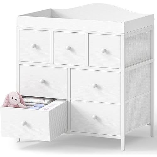 BOLUO Changing Table Dresser with 7 Fabric Drawers, Baby Dresser with Changing Table Top Diaper Changing Station with Storage for Nursery Modern