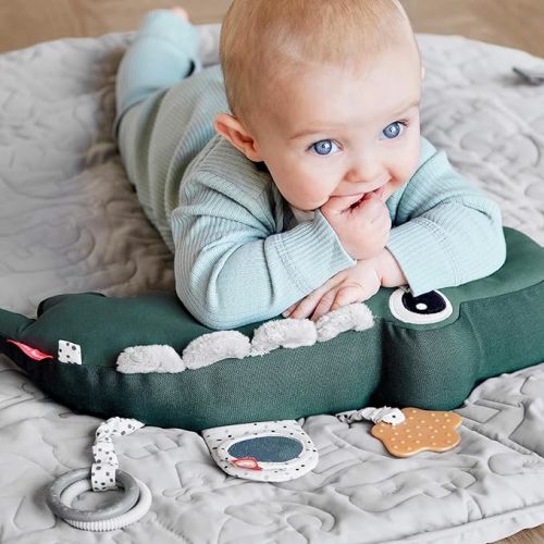 Done by Deer Tummy Time Activity Toy Croco Green - Soft Pillow with Teether, Rings, Mirror, Tags, and Crinkle Sounds for Sensory Exploration & Neck/Back Strength