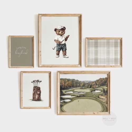 Golf Set of Five Prints | Vintage Style Golf Paintings | Teddy Bear Nursery | Boys Room Printable Art | Sage Green Sports Gallery | PS131