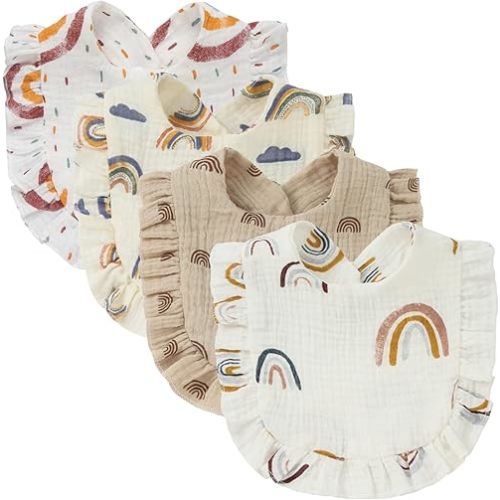 4 PACK Solid Muslin Baby Drool Bibs Set for Unisex Boys Girls Cotton Adjustable Teething Feeding Drooling Bibs