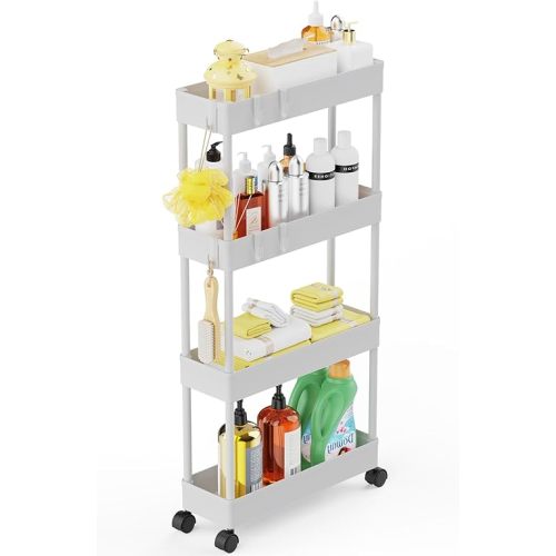 LEHOM 5.3" Slim Storage Cart - 4 Tiers Bathroom Organizer Mobile Shelving Unit Storage Rolling Utility Cart Slide Out Organizer for Kitchen Bathroom Laundry Narrow Places, White