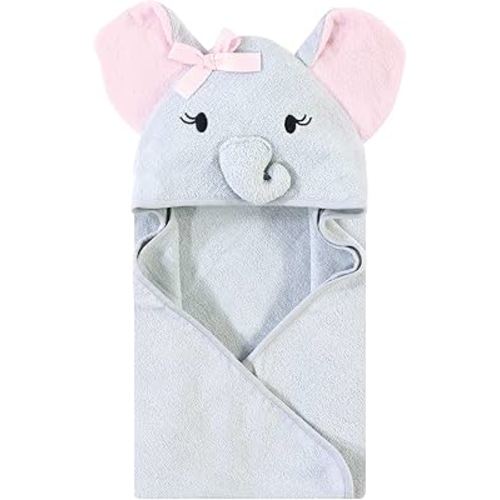 Touched by Nature Unisex Baby Organic Cotton Animal Face Hooded Towels, Girl Elephant, One Size