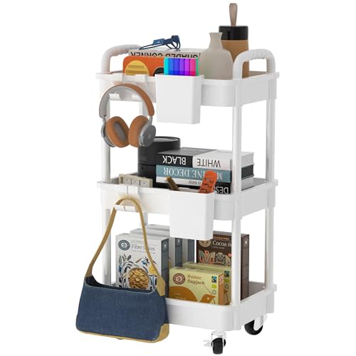 Goderewild 3-Tier Storage Cart with Lockable Caster Wheels, Multifunctional Utility Rolling Cart, Mobile Shelving Unit, Perfect for Kitchen, Bathroom, Office, Garage（White）