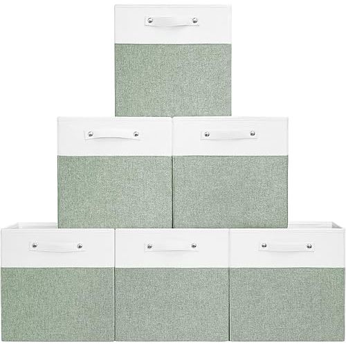 13 x 13 Inch Fabric Storage Cube Bins, 6 Pack Fine Linen Storage Boxes with Handles, Collapsible Basket Organizers for Shelves (White/Green)