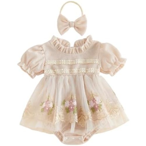Newborn Baby Girl Dresses Floral Bow Puff Sleeve Tulle Romper Dress Cute Infant Summer Clothes Headband Outfits