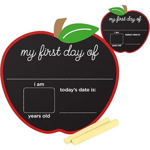 Pearhead First and Last Day of School Chalkboard, Reusable Apple-Shaped Double-Sided Fill-In Board with Yellow Chalk, Perfect Photo Prop for School Milestones