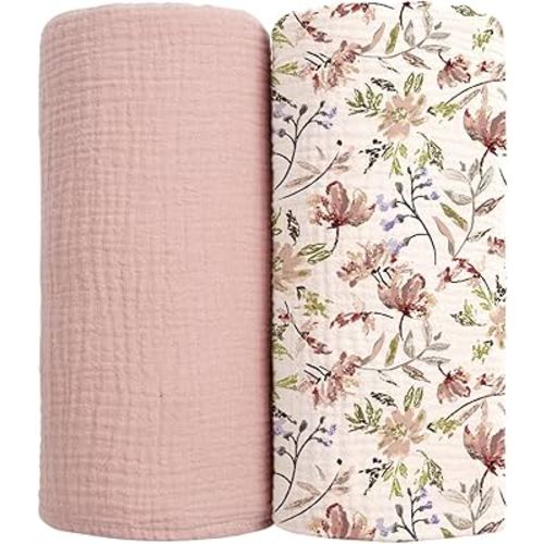 lulumoon Muslin Swaddle Blankets for Baby: Soft Cotton Newborn Receiving Blankets - Floral Print Nursery Gift Set for Baby Girls(Sand Flower)