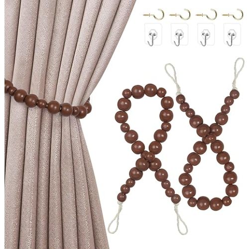 Hion 2 Pcs Boho Curtain Tiebacks,Wood Beads Curtain Holdbacks,Outdoor Farmhouse Tie Backs for Curtains,Curtain Holders for Drapes Home Office Room Decor with Hooks No Drilling(Coffee)