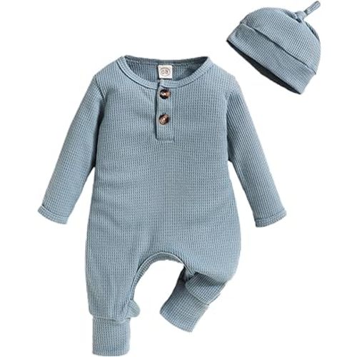 Infant Boys Girls Clothes Set Newborn Baby Romper Hat Ribbed Knit Long Sleeve Button Solid Bodysuit Jumpsuit