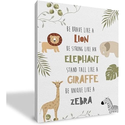 Qvapt Safari Wall Decor,Woodland Nursery Canvas Wall Art 16x24inch,Nursery Wall Decor,Safari Framed Canvas Prints Wall Art,Tropical Jungle Safari Animals Wall Art Decor For Kids Room Playroom