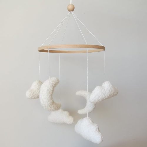 Cloud Crib Mobile Cloud Baby Mobile for Crib Neutral Boho Moon and Clouds Mobile Neutral Nursery Décor Boucle Mobile - White