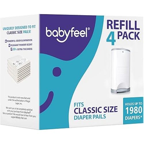 Babyfeel Refills Compatible with DEKOR CLASSIC Diaper Pails | 4 Pack | Exclusive 30% Extra Thickness | Diaper Pail Refills with Powerful Odor Elimination | Powder Scent | Holds up to 1980 Diapers
