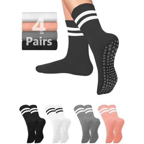 AURUZA 4-6 Pairs Pilates Grippy Socks with Grips for Women Non Slip Skid Yoga Socks Crew Length for Ballet Home Workout