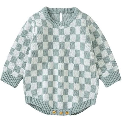 Unisex Baby Girl Boy Knitted Romper Jumpsuit Checkerboard Plaid One Piece Button Down Sweater Playsuit Clothes