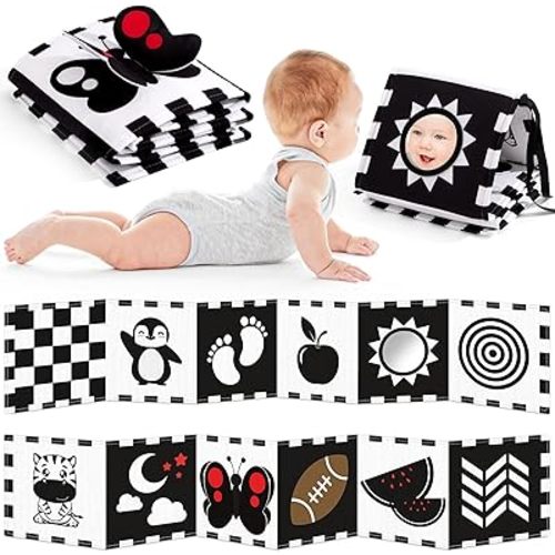 High Contrast Baby Book and Sensory Toy Set for 3 Months – Soft Crinkle Pages, Tummy Time Development, and Safe Mirror for Visual Stimulation – Ideal Newborn Gift for Boys and Girls