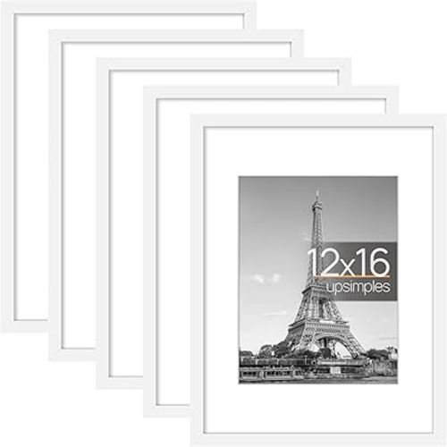 upsimples 12x16 Picture Frame Set of 5, Display Pictures 8.5x11 with Mat or 12x16 Without Mat, Wall Gallery Photo Frames, White