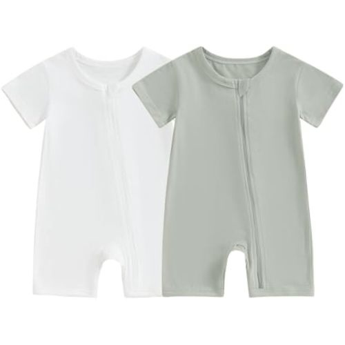 Merqwadd Baby Boy Girl 2 Pack Romper Short Sleeve Zipper Jumpsuit Plain Summer Clothes