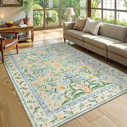 Morebes Washable Area Rugs 5x7 for Living Room, Boho Floral Green and Pink Nursery Rug Non Slip, Soft Vintage Flower Indoor Floor Carpet for Bedroom Dining Room, Sage Green