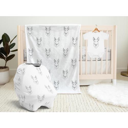 Bull Terrier Baby Blanket, Bull Terrier Baby Shower Gift, Baby Car Seat Cover, Dog Swaddle Blanket, Crib Sheet, Baby Bib, Baby Knotted Hat