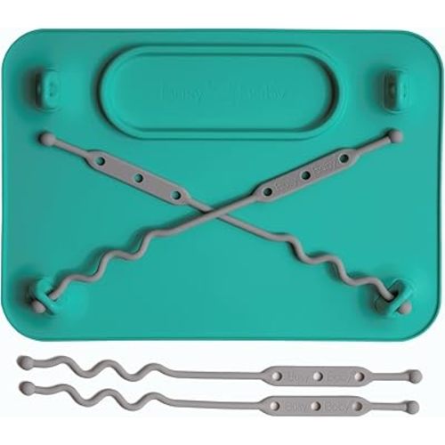 BUSY BABY Silicone Mat - Suction Cups, 4 Straps to Secure Baby Essentials, Self Feeding, Baby Led Weaning, Travel Sleeve Included (Spearmint)