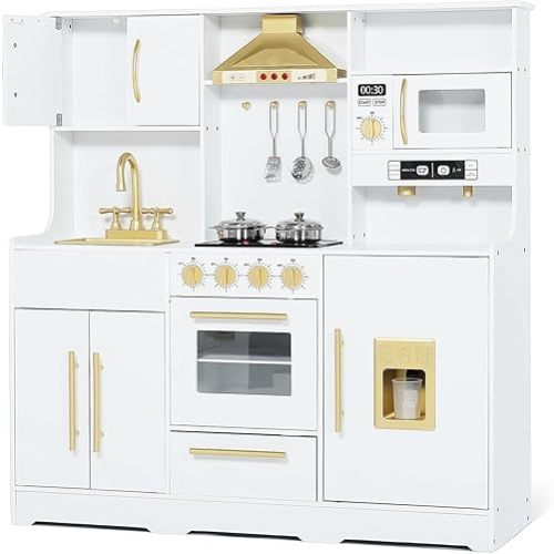 Kinder King Wooden Kids Kitchen Playset, Pretend Play Toy Kitchen Set for Kids Toddlers, Kitchenette w/Realistic Lights & Sounds, Range Hood, Microwave Oven, Cookware, Ice Maker, Extra Large, White