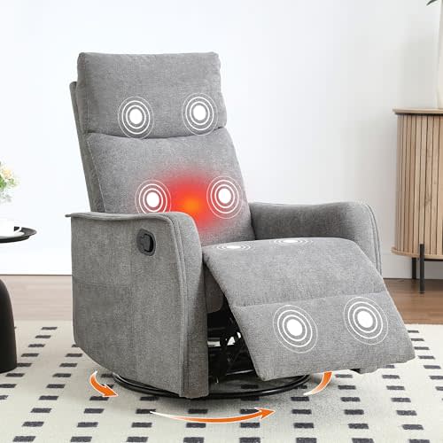 Manual Rocker Swivel Recliner Chair for Adults, Overstuffed Recliner Glider with Massage and Heat, Comfy Soft Fabric, Living Room Reclining Sofa Chair, Grey