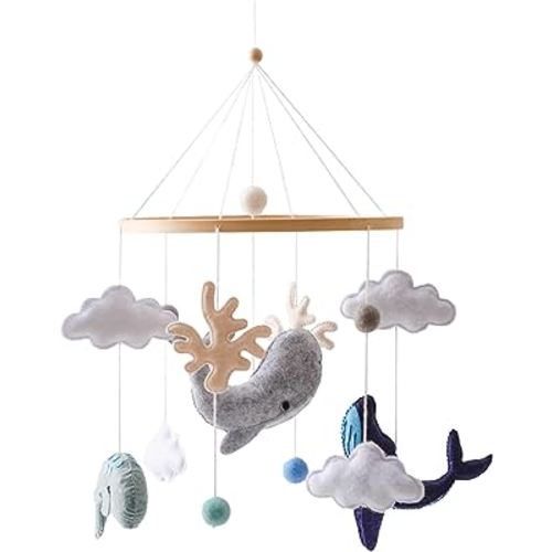 Baby Mobile for Crib丨Baby Nursery Mobiles丨Handmade Felt Ocean Animal Mobile for Crib Baby Boys and Girls丨Woodland Nursery Decor for Infant Bedroom Hanging丨 Gender Neutral Baby Stuff(Whales)