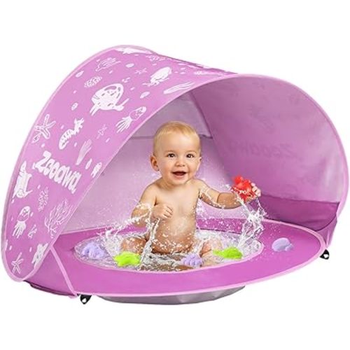 Zooawa Baby Beach Tent, Pop Up Beach Tent Sun Shade for Beach, Portable Shade Pool UV Protection Sun Shelter for Infant with Beach Sand Toys Set