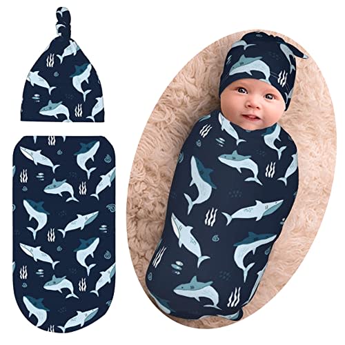 Sharks Ocean Baby Stuff Newborn Swaddle Blanket Animal Baby Wrap Blanket Soft with Beanie Hat Sets Gifts for Infant Boy Girl