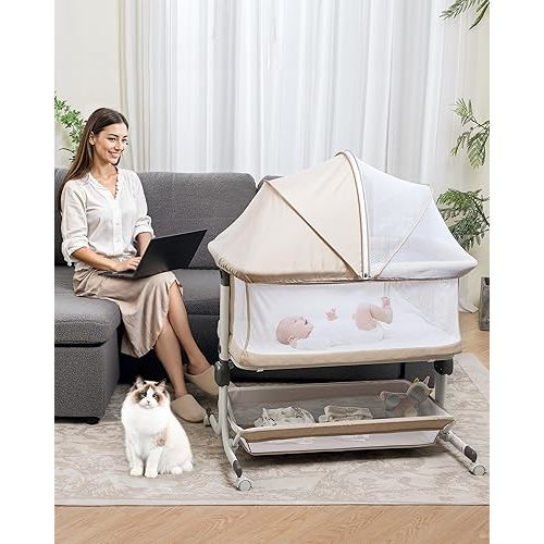 Baby Bassinet Bedside Sleeper, Upgraded Stability Bedside Crib with Full Mesh Sides, Soft Sheet, 6-Height Adjustment, Storage Basket, Easy Folding Portable Bassinet for Newborns, Oatmeal
