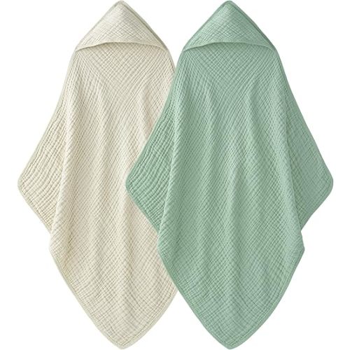 Hooded Baby Towels 100% Muslin Cotton Baby Bath Towels with Hood 2 Pack Baby Towels for Newborn, Infant, Toddler, Kids, Large 32x32Inches, Soft and Absorbent Newborn Essential Apricot Green