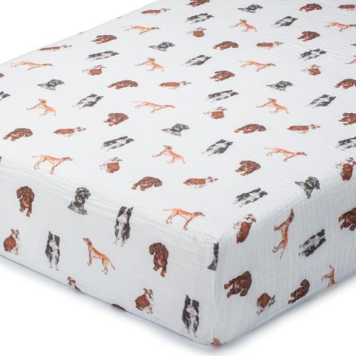 LollyBanks Muslin Crib Sheet 1 Pack, 100% Cotton Soft and Breathable Baby Crib Sheets for Boys and Girls, Fits Standard 52"x28" Mattress, Neutral Baby Bedding Essentials for Registry (Dogs Print)
