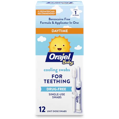 Orajel Baby Daytime Cooling Swabs for Teething, Drug-Free, 1 Pediatrician Recommended Brand for Teething*, 12 Swabs (Packing May Vary)