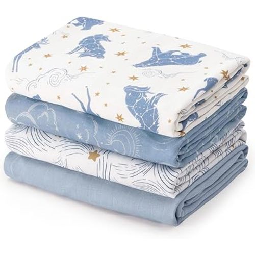 david's kids Muslin Swaddle Blankets, 4 Pack Organic Cotton Baby Blankets, Breathable Soft Receiving Blanket for Boys Girls, Newborn Essentials, Large 47 x 47 inches, Star