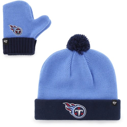 Tennessee Titans '47 Toddler Bam Bam Cuffed Knit Hat with Pom and Mittens Set - Light Blue/Navy