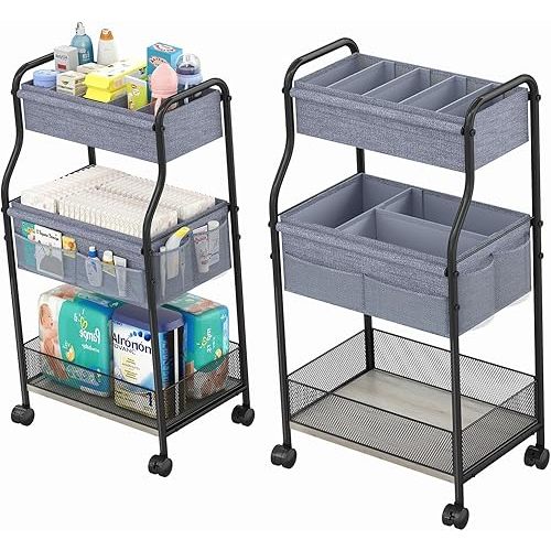 3-Tier Baby Diaper Caddy Organizer and Storage Cart, Mobile Metal Utility Cart with Rolling Wheels for Nursery Essentials with 4+2 Dividers, Large Capacity Rolling Cart For Kitchen, Bathroom, Office
