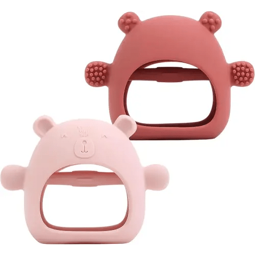 2 Pack Silicone Baby Teether Toy for Infants 3+ Months, Anti-Drop Silicone Baby Mitten Teether for Soothing Teething Pain Relief, Baby Chew Toys for Sucking Needs, BPA Free(Dark Pink, Red)