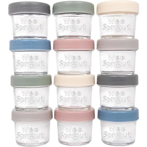 WeeSprout Glass Baby Food Storage Jars w/Lids (4 oz, 12 Pack Set) Snack, Puree, Reusable Small Containers, Breast Milk, Fridge or Freezer, Microwave & Dishwasher Safe, Essential Must Have for Infants