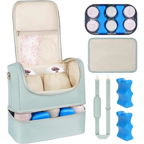 Wearable Breast Pump Bag with Cooler Compartment Fits for Willow/Elvie/Momcozy M5/S12 Pro/Medela, Breast Milk Travel Tote Bag with Ice Pack & Waterproof Mat,Mint Green