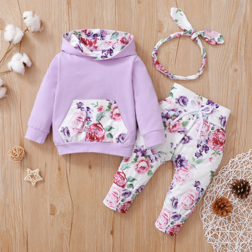 PatPat Baby Clothes for Girls Long-sleeve Floral Hoodie Pants and Headband Set,6-9 Months