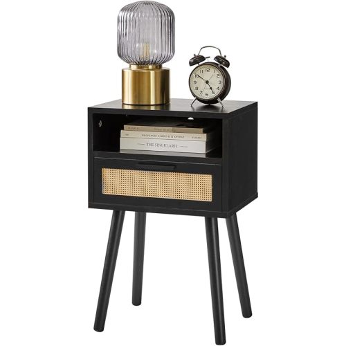 IBUYKE Rattan Nightstand, Boho Side Table with Drawer Open Shelf, Wood Accent Bedside Table, End Table with Legs for Bedroom, Living Room and Small Spaces, Black UWNS009B