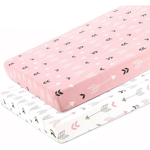 Stretchy Fitted Pack n Play Playard Sheet Set BROLEX 2 Pack Portable Mini Crib Sheets,Convertible Playard Mattress Cover,Ultra Soft Material,Pink White Arrow