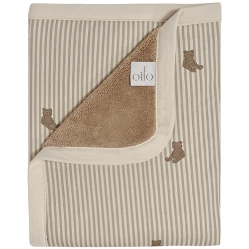 Oilo Bear Baby Blanket, Teddy Bear Baby Blanket with Ultra, Soft Plush Backing & Organic Cotton Jersey Print, Double, Layered, Cozy 30x40 Blanket for Newborns & Toddlers
