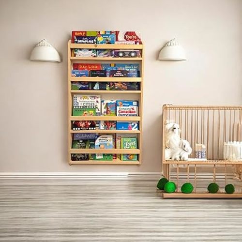 Montessori Kids Bookshelf, Handcrafted in Canada, Solid Wood, Wall Mounted, Book Shelf Organizer, Tall Wooden Children's Bookcase, Storage Book Rack for Kids Room, Nursery Room (4 - Tier / 24" Wide)