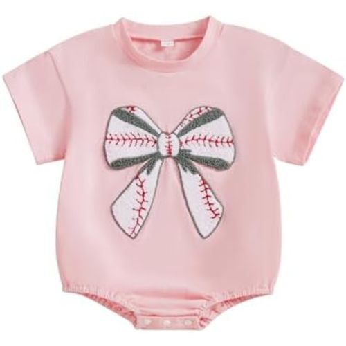 Newborn Baseball Outfit Baby Girl Baseball Bow Embroidery Bubble Romper Short Sleeve One Piece Sweater Bodysuit