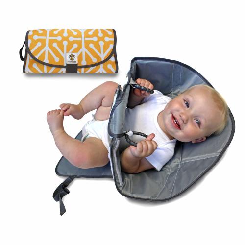 SnoofyBee Portable Clean Hands Changing Pad. 3-in-1 Diaper Clutch, Changing Station, and Diaper-Time Playmat with Redirection Barrier for use with Infants, Babies and Toddlers (Citrus)